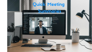 man working from home during a Zoom meeting. He wears a headset and sits at a desk with a laptop open in front of him. Display a blurred home office background. Include a summary of the meeting as a text box or virtual sticky note.