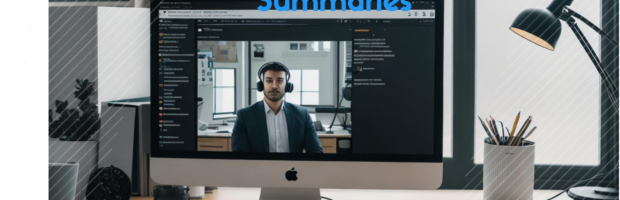 man working from home during a Zoom meeting. He wears a headset and sits at a desk with a laptop open in front of him. Display a blurred home office background. Include a summary of the meeting as a text box or virtual sticky note.